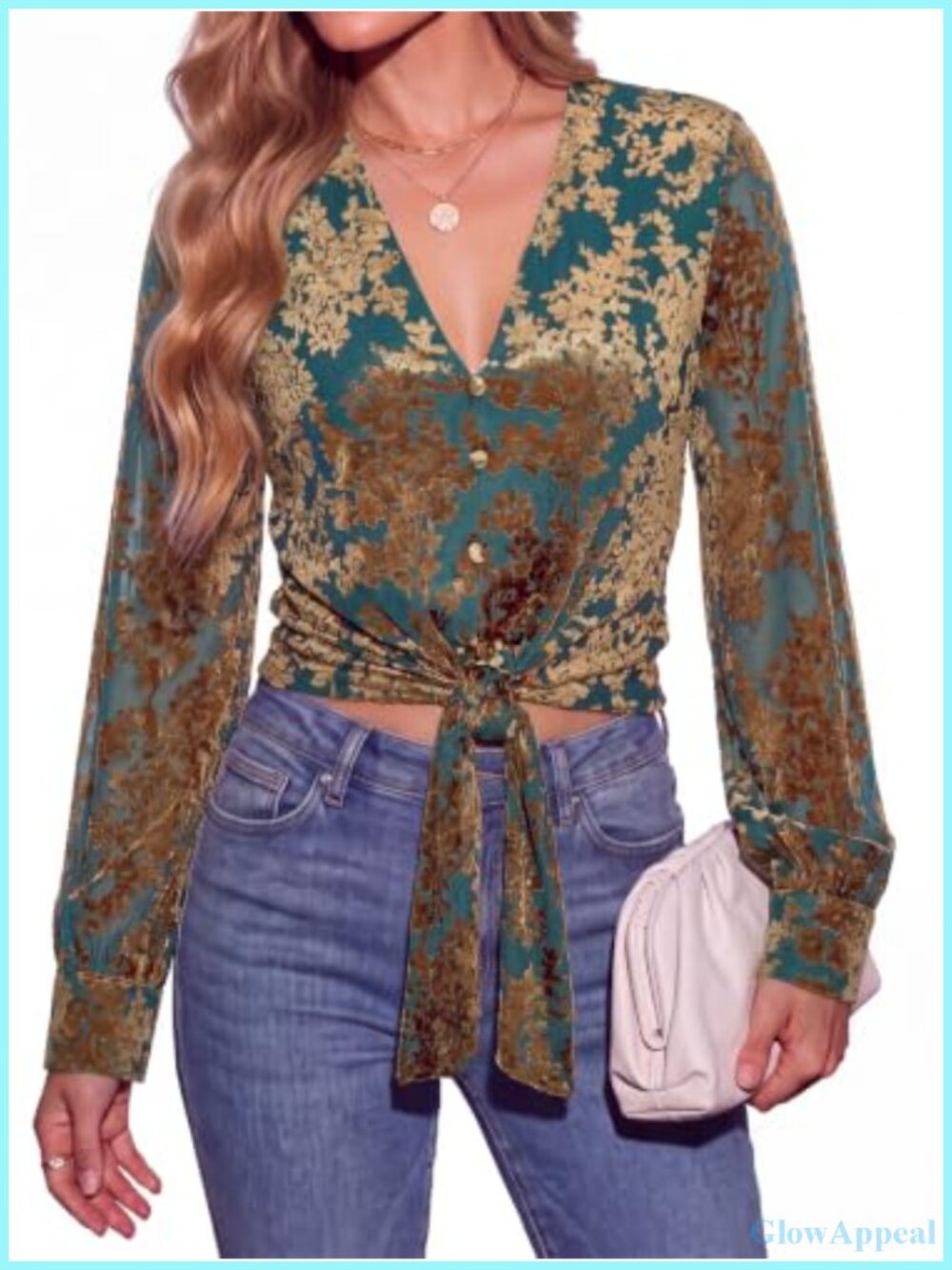 Women's Long Sleeve V-Neck Crop Top Tie Knot Front Velvet Floral Blouse